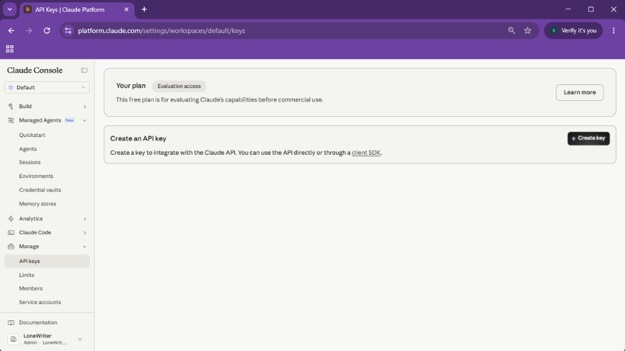 2. Click on the Create Key button.