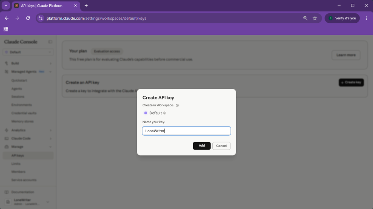 3. Assign a descriptive name to your key.
