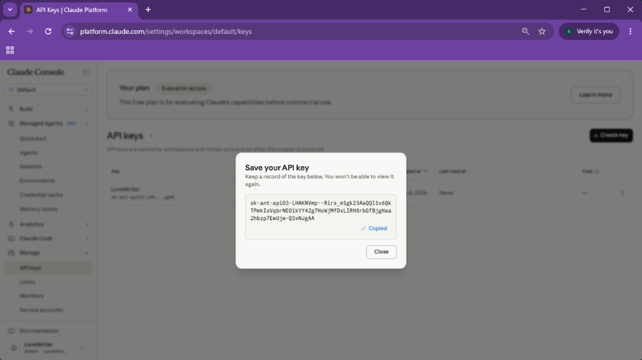 4. Copy the generated key securely.