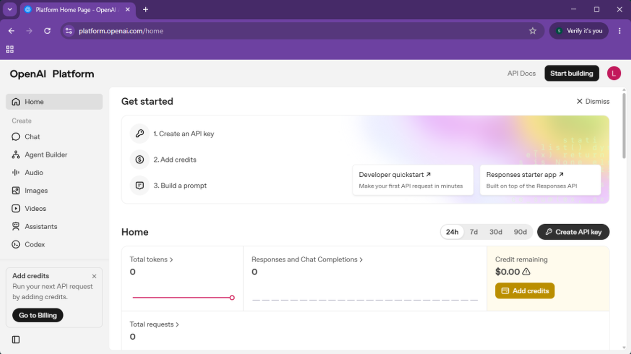2. You can create the key from the Home dashboard...