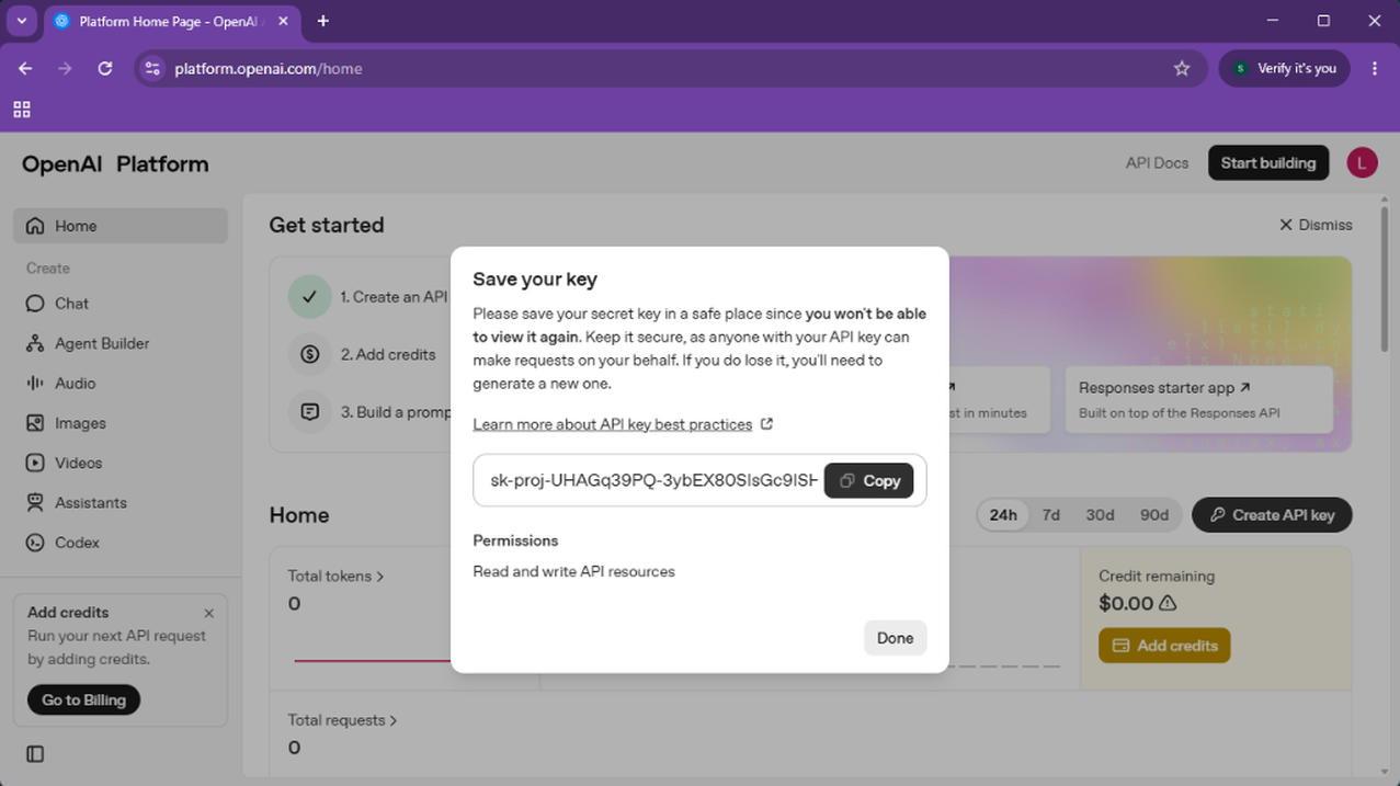 5. Copy the generated key (you won’t be able to see it again).