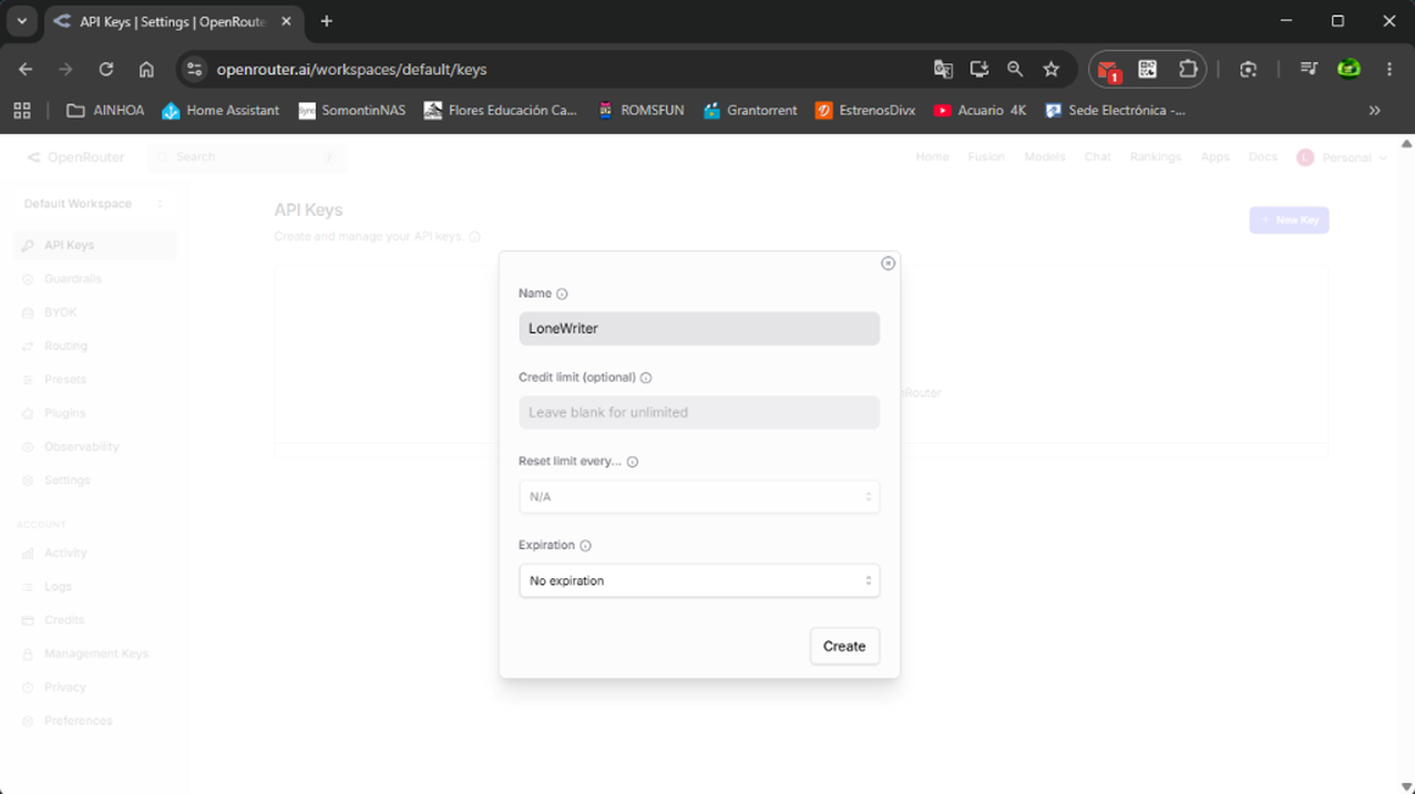 4. Name your key and click Create.