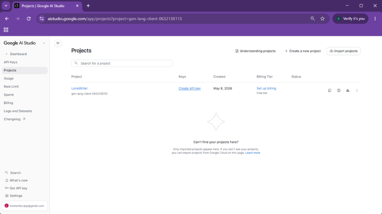 3. Once created, click on Create API Key.