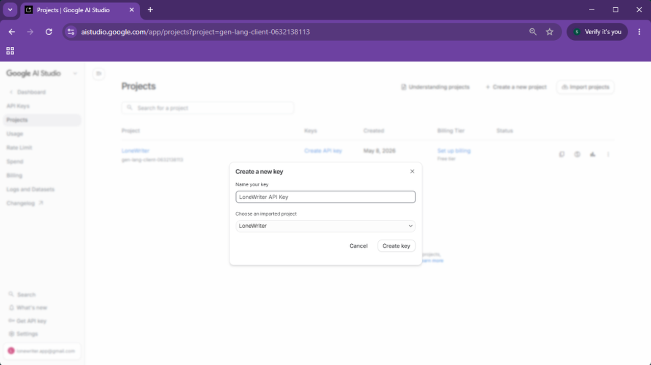 4. Generate the new API Key.