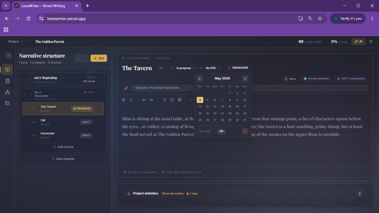 2. Manage the status, POV, date, and synopsis of the scene.