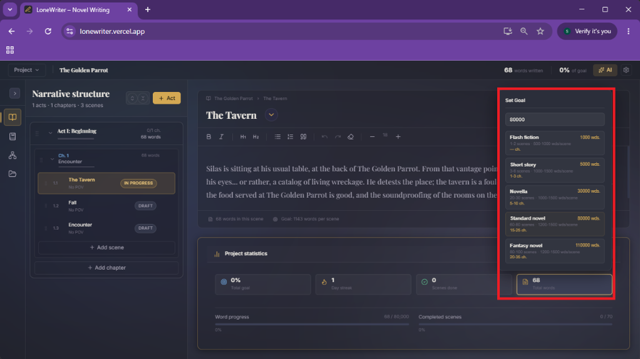 5. Set custom word goals based on your project.