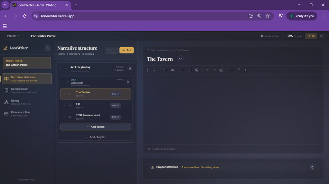 2. The project includes a default act; add new ones from the side menu.