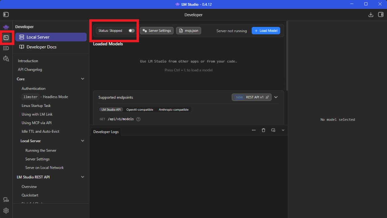 2. Enter Developer mode and activate the Local Server.