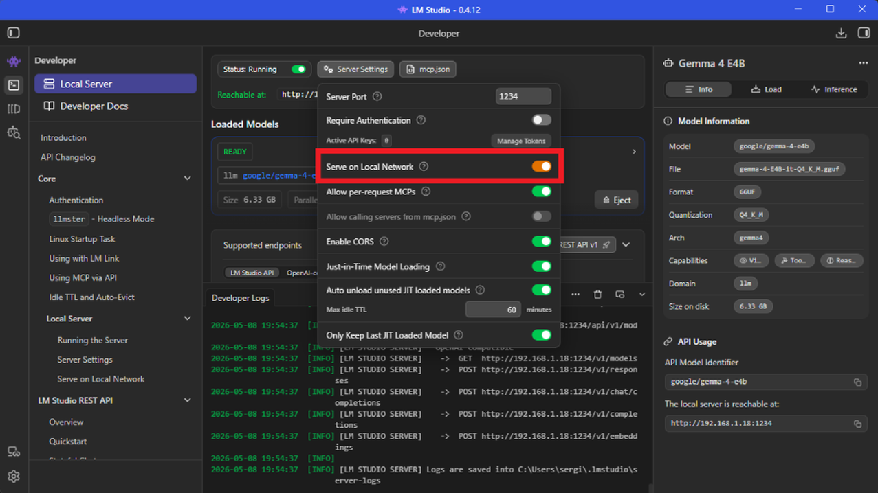 5. Activate Serve on Local Network in the server settings.