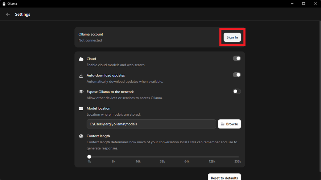 3. Install Ollama and log in through the settings.