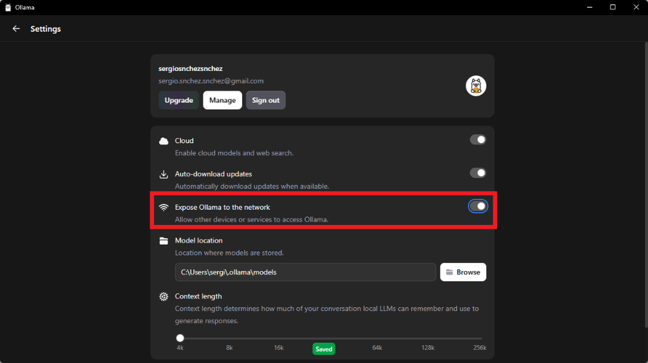 5. Activate Expose Ollama to the network in the settings.