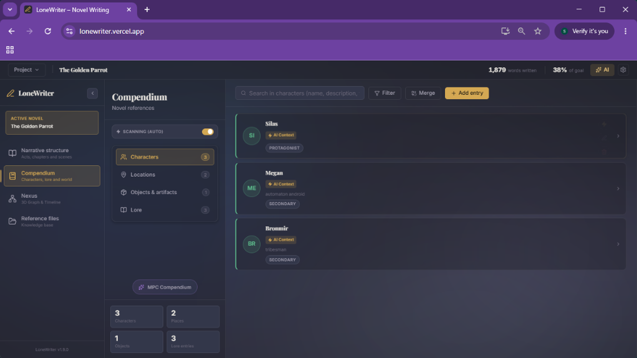 1. Compendium Overview: organized by categories (Characters, Locations, etc.).