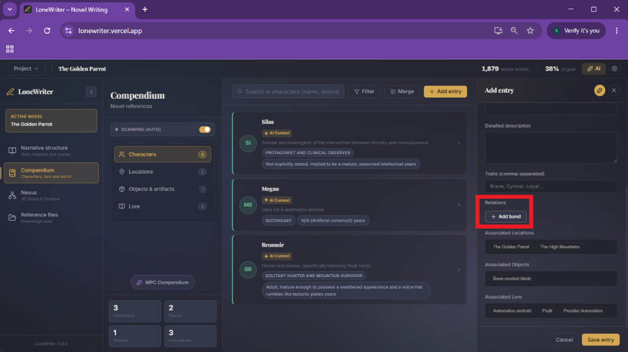 1. Character relationships are managed from the corresponding button.