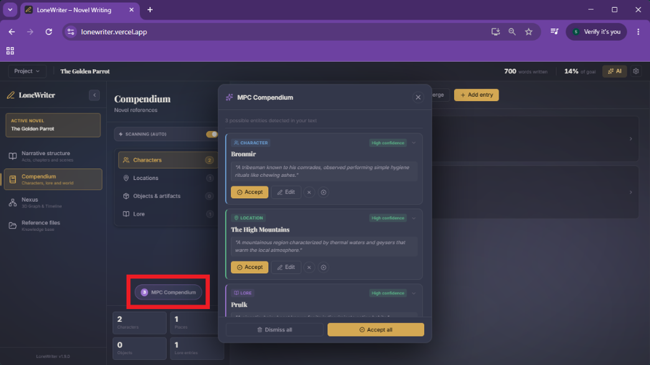 2. Review of automatically detected entities (notified on the MPC button).